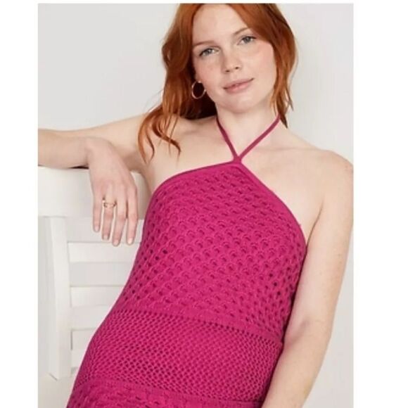 Old Navy Fushia Pink Halter Tie Strap Crochet Mini Dress size Xs vacation casual - Picture 11 of 11